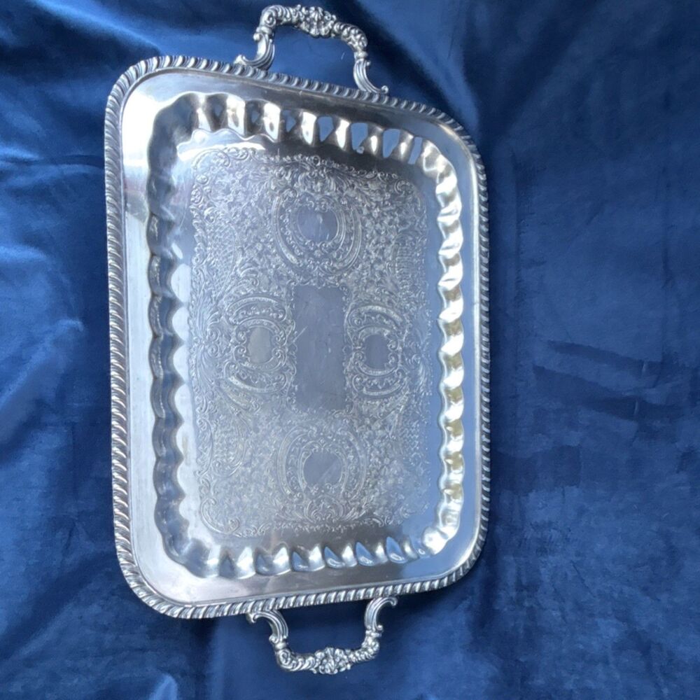 Vintage F.B. Rogers Silver Co 1460 Silver on Copper Serving Tray wOrnate Handles